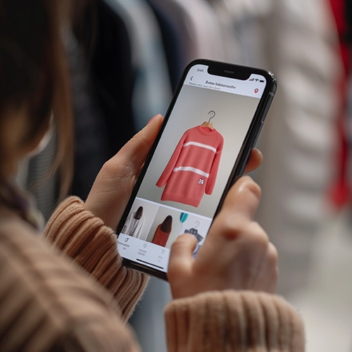 Écran mobile affichant une variété de vêtements à vendre sur Instagram, avec des images attrayantes, des prix et des liens vers les pages produit.